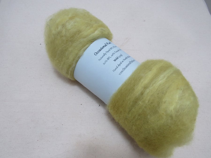 50g Weld Yellow Naturally Dyed BFL and Silk Wool Batt