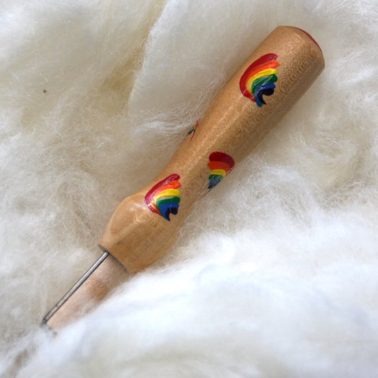  hand painted needle grip tool for needle felting - natural with rainbow swishes