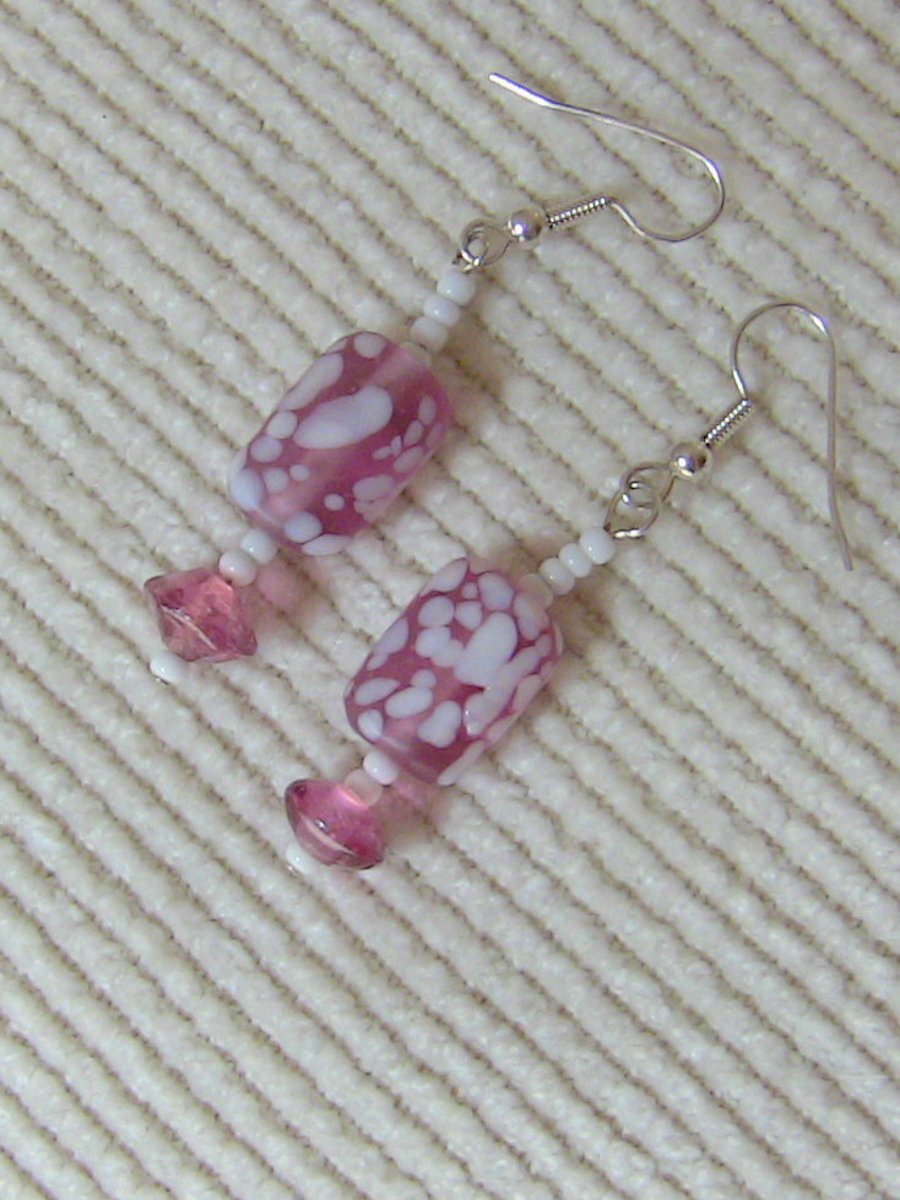Pink and White Lampwork Beaded Drop Earrings,   E64