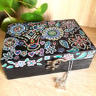 Wooden keepsake box with handrawn Folk Art Doodle.  