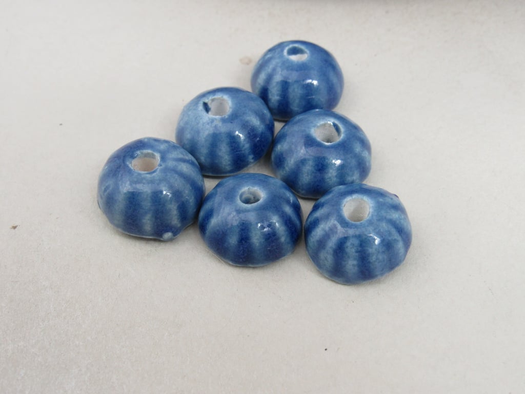 6 Small Gloss Ice Blue Half-round Ceramic Flower Beads
