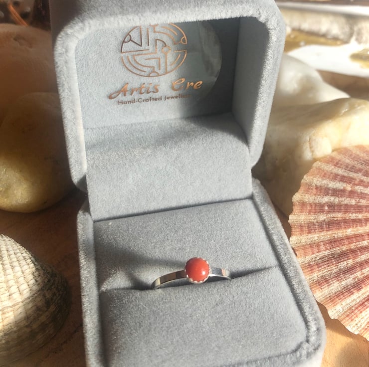 Bague Fleur En Corail Rouge Et Argent Sterling 925 - Taille Ajustable - Neuf Sans Emballage