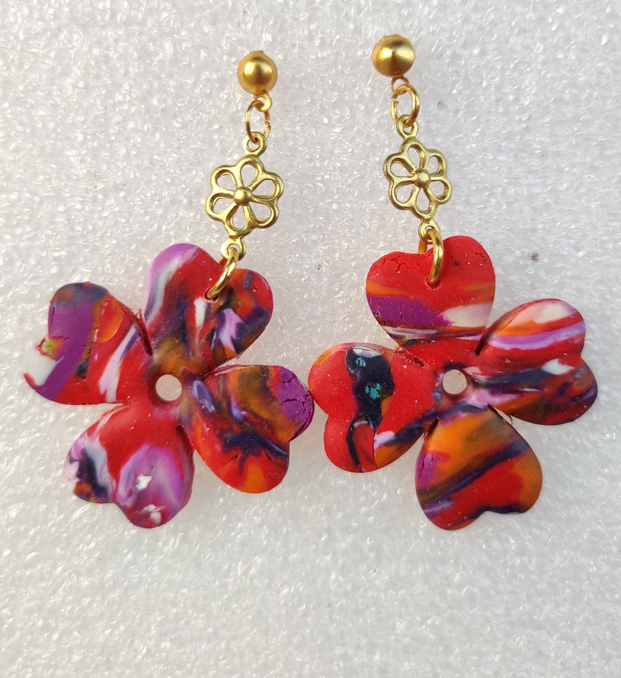 Red purple flower dangle earrings