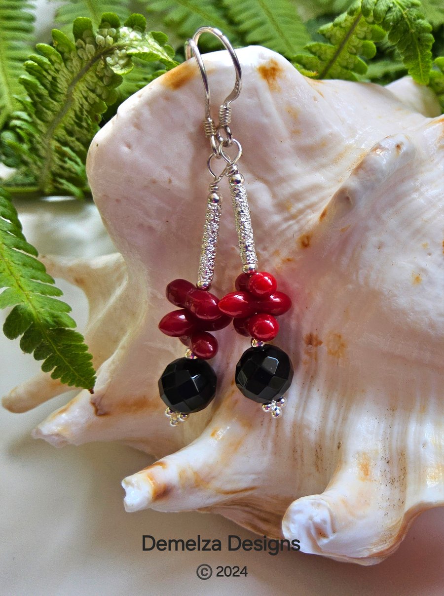 Bamboo Red Coral & Black Onyx Sterling Silver earrings