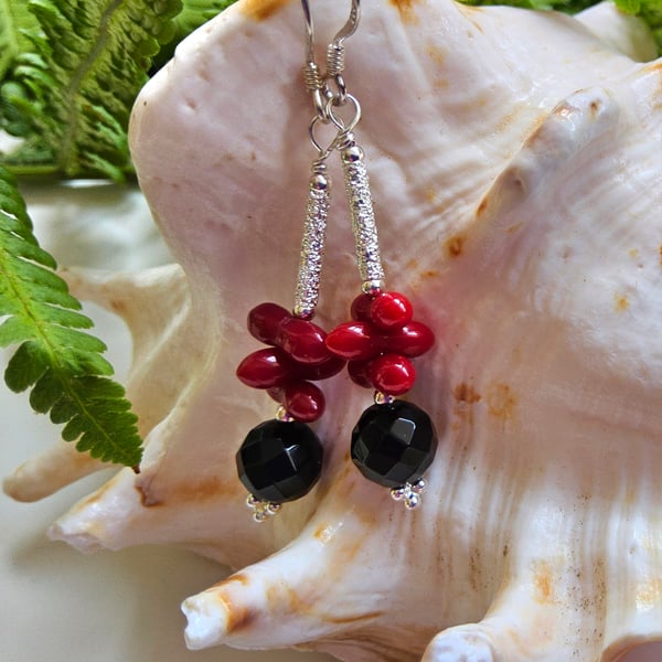 Eco Coral & Black Onyx Sterling Silver earrings