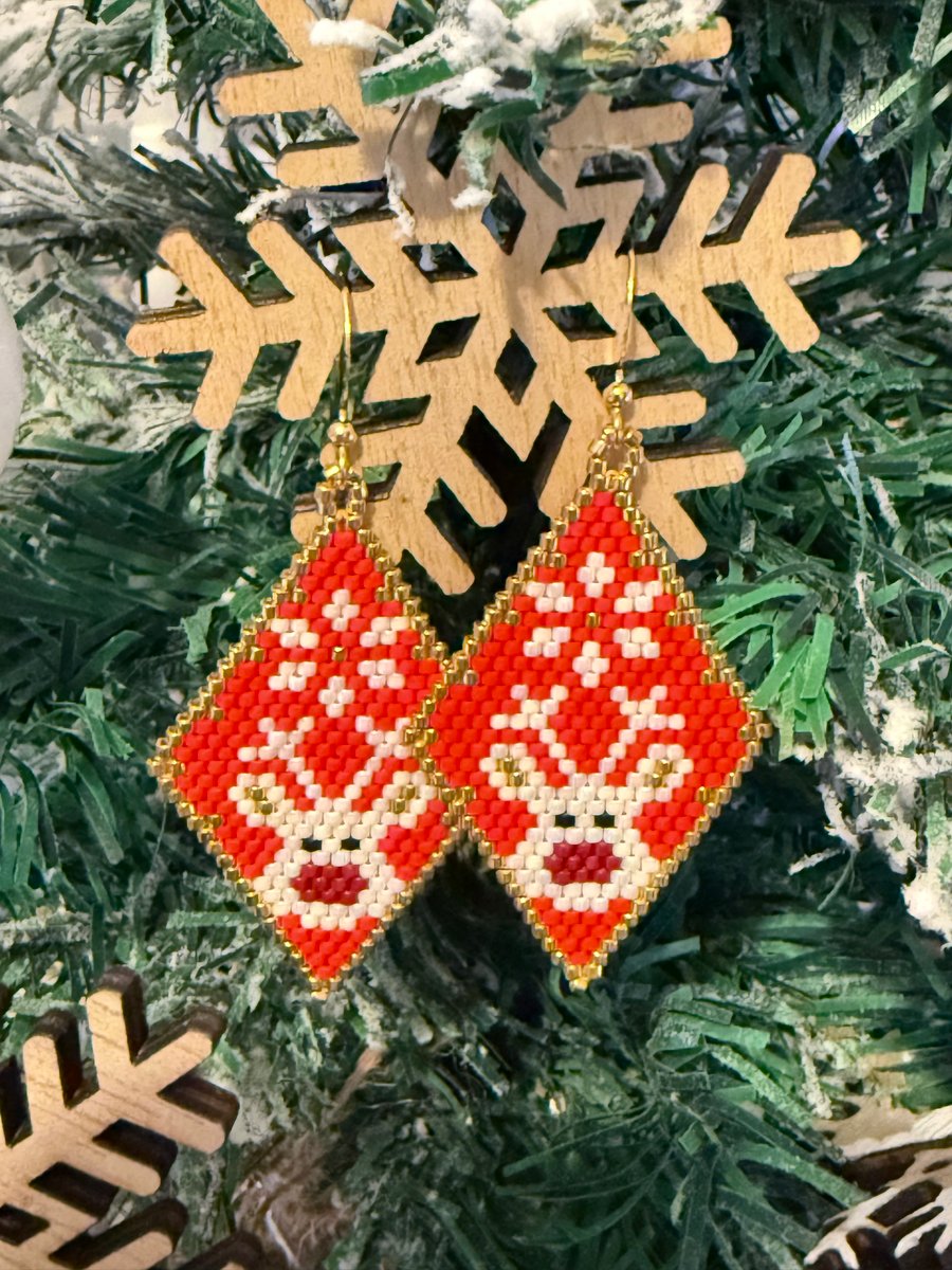 Handmade Christmas reindeer beadwork earrings in red and white
