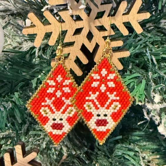 Handmade Christmas reindeer beadwork earrings in red and white