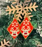 Handmade Christmas reindeer beadwork earrings in red and white