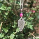 Blackcurrant sage leaf pendant with silver necklace