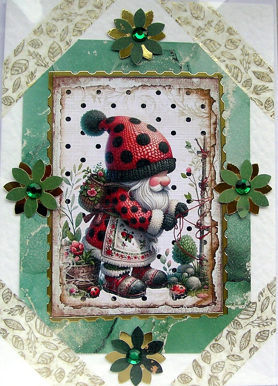 Ladybird Gardening Gnome - Hand Crafted 3D Decoupage Greeting Card - Blank 2703