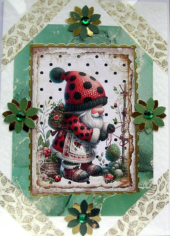 Ladybird Gardening Gnome - Hand Crafted 3D Decoupage Greeting Card - Blank 2703
