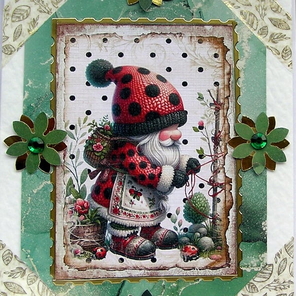 Ladybird Gardening Gnome - Hand Crafted 3D Decoupage Greeting Card - Blank 2703