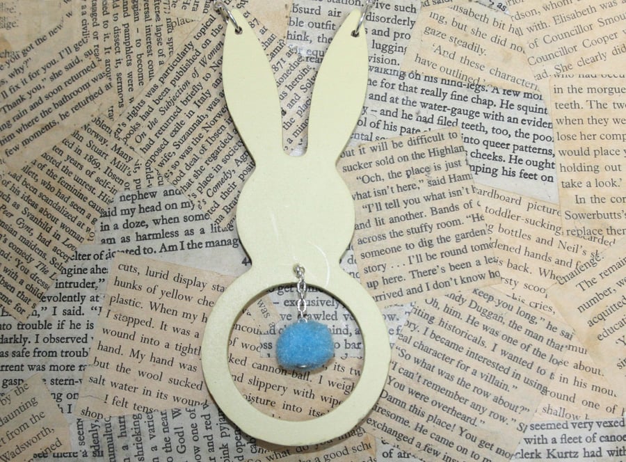 Wooden Bunny Rabbit Pom Pom Tail Statement Necklace Yellow