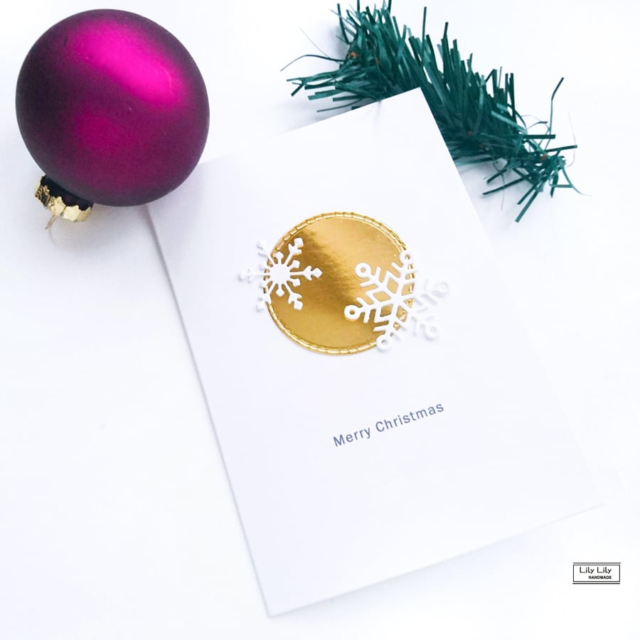 Christmas Card, Gold and white snowflakes design, handmade by Lily Lily Handmade