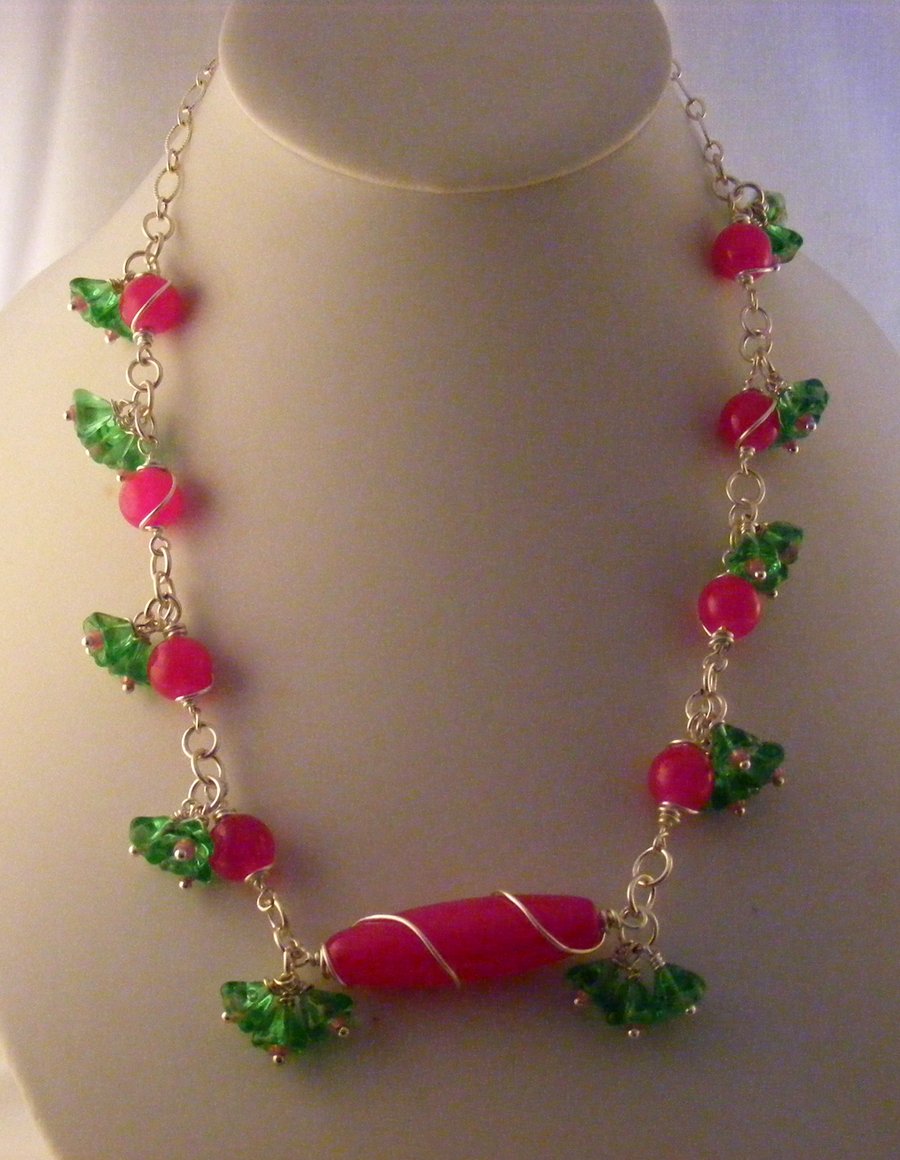 Seconds Sunday Fuchsia and Green Flower Glass Necklace