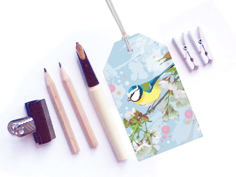 Bluetit with Cherry Blossom Gift Tags - British Birds, pack of six tags
