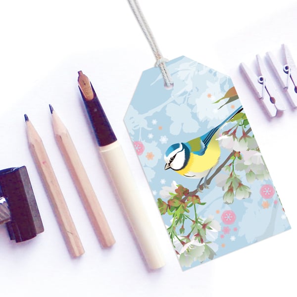 Bluetit with Cherry Blossom Gift Tags - British Birds, pack of six tags