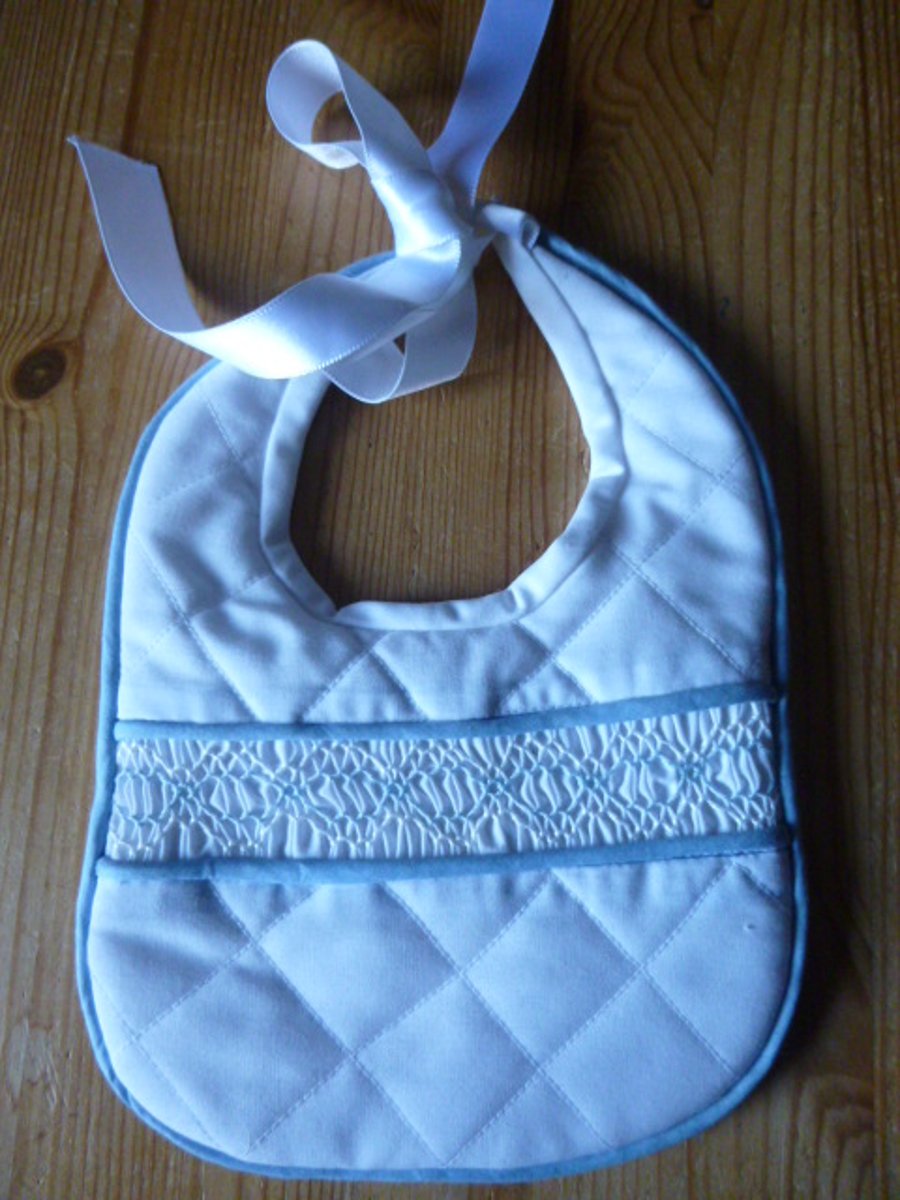 Hand Smocked Baby Bib, Blue Trimmed with Ribbon Ties