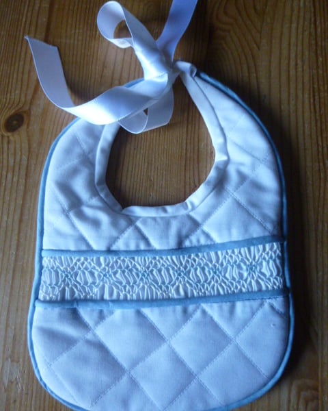Hand Smocked Baby Bib, Blue Trimmed with Ribbon Ties