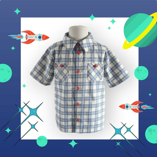 Blue-Ivory Check Shirt. Red Rocket and Planet Buttons and Stitching. Age 6-7yrs 