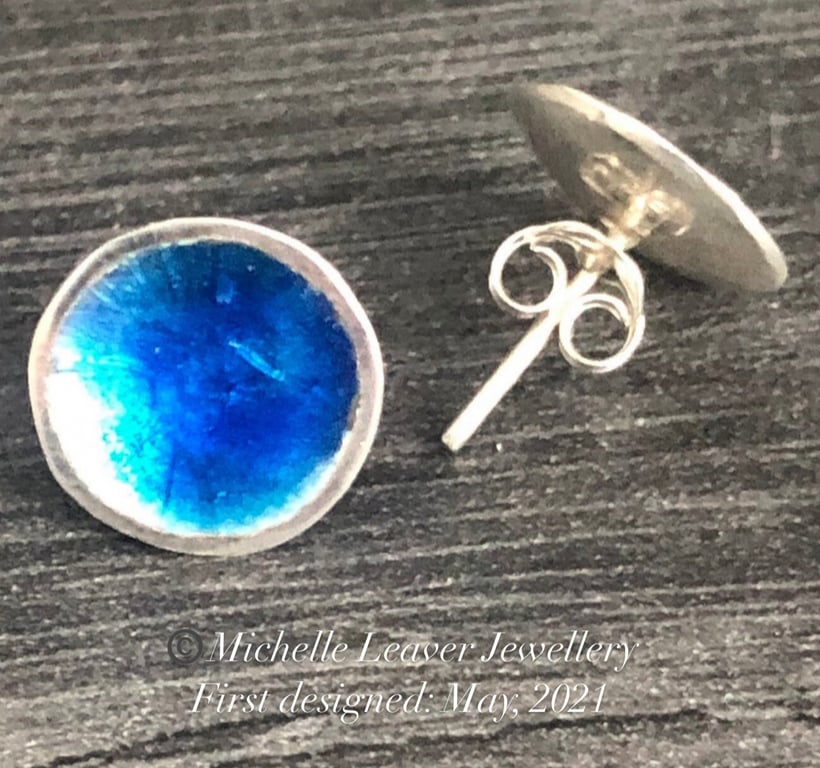 Blue Enamel Studs, enamel cup studs, gift for her, enamel studs, enamel jewelry,