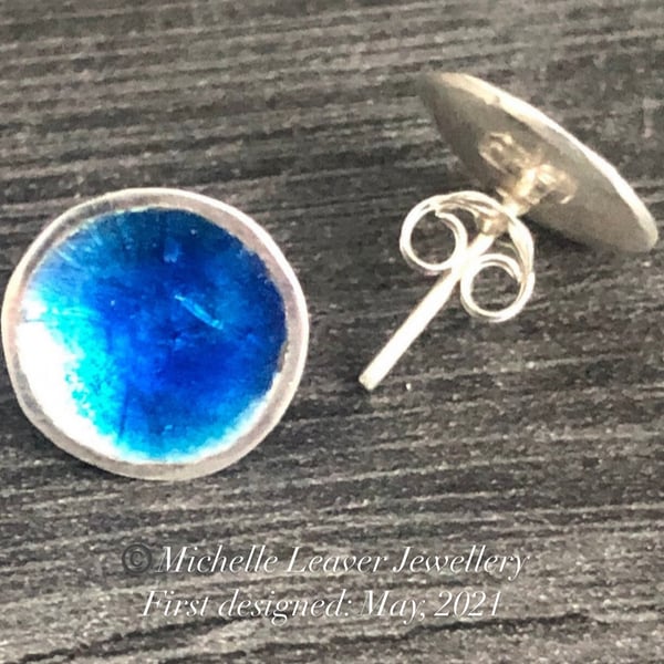 Blue Enamel Studs, enamel cup studs, gift for her, enamel studs, enamel jewelry,