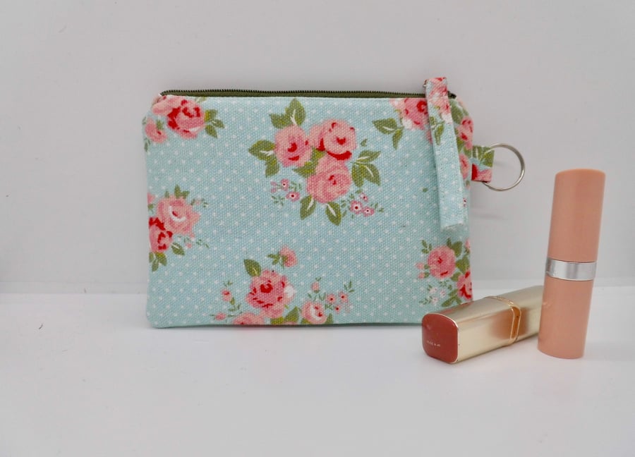 Make up bag purse in blue and pink vintage style print