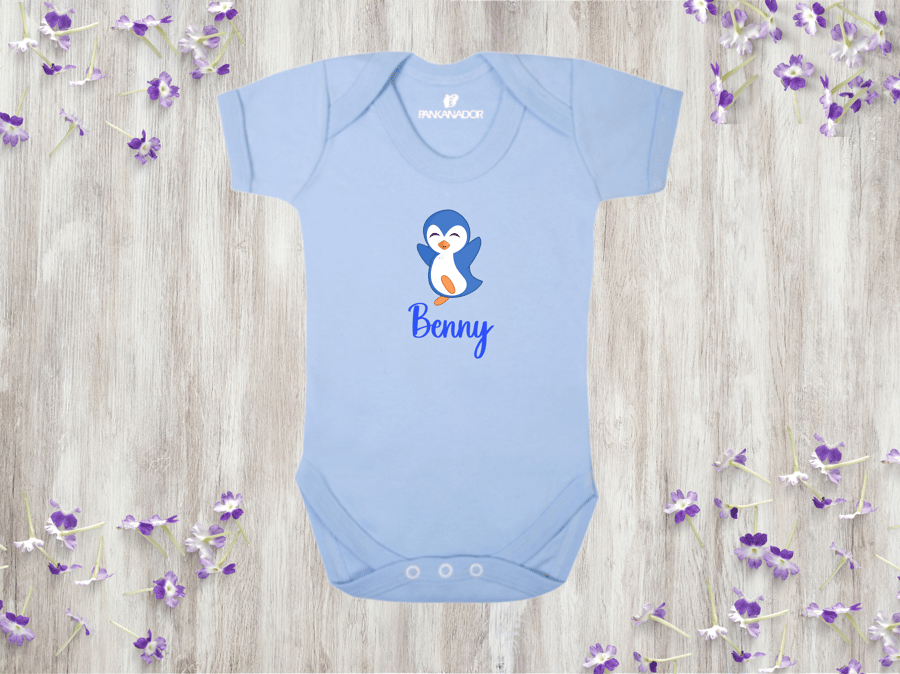 Cute Penguin Baby Bodysuit Babygrow, Personalised Animal Baby Vest With Name