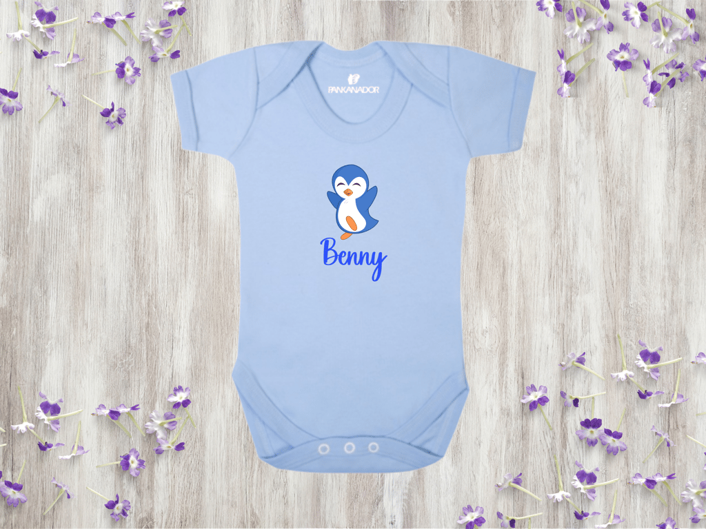 Cute Penguin Baby Bodysuit Babygrow, Personalised Animal Baby Vest With Name