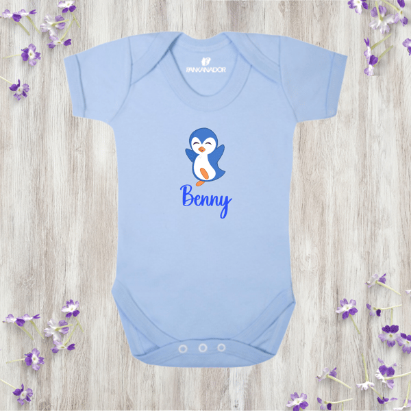 Cute Penguin Baby Bodysuit Babygrow, Personalised Animal Baby Vest With Name
