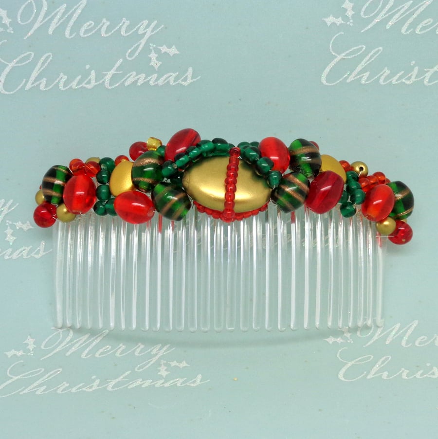 Christmas beaded hair comb in reds, greens & golds 