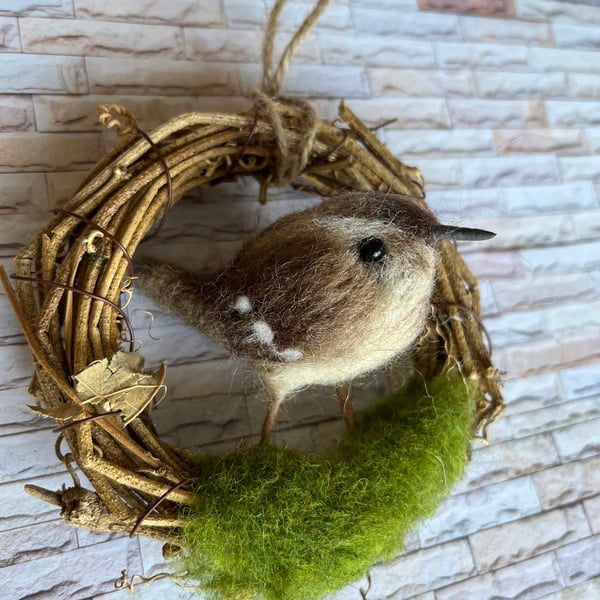 Wren needle felted mini wreath 