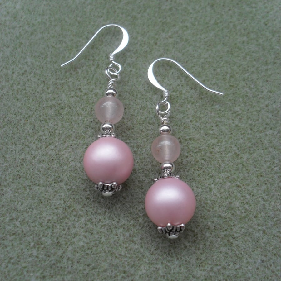 Pink Shell Pearl and Rose Quartz Dangle Earrings
