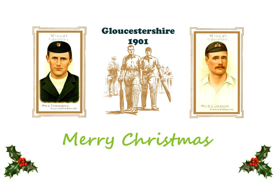 Christmas card cricket vintage 1901 design. Gloucestershire.  FREE UK P&P
