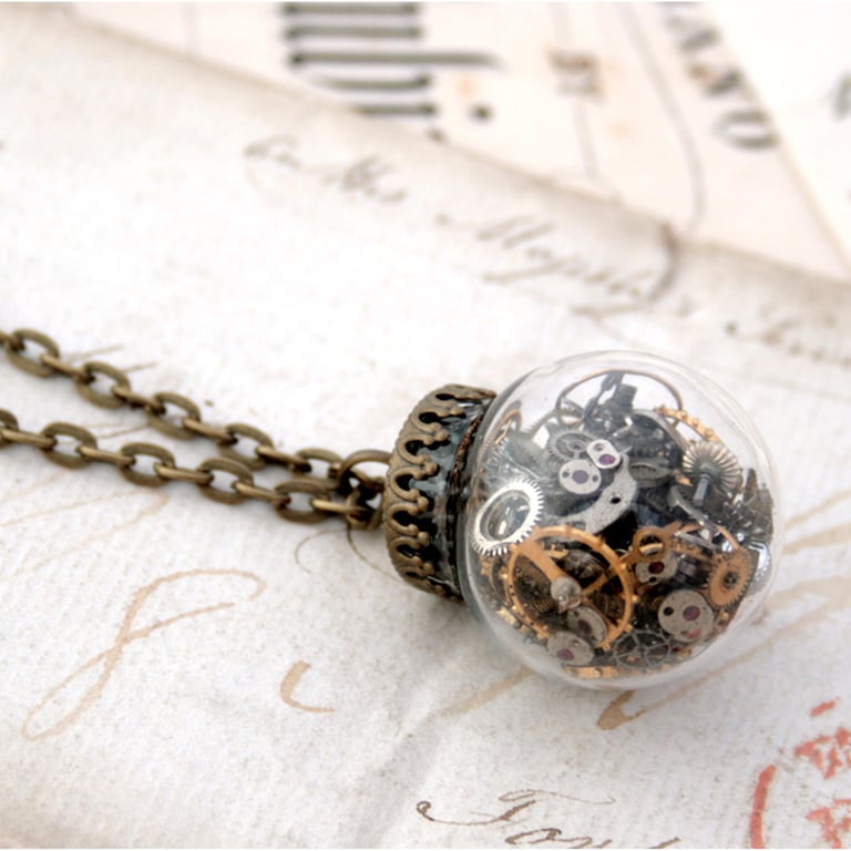 Steampunk Terrarium Necklace, Glass Ball Statement Necklace with Moveable Parts