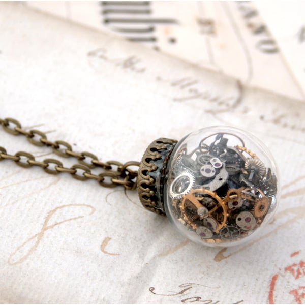 Steampunk Terrarium Necklace, Glass Ball Statement Necklace with Moveable Parts