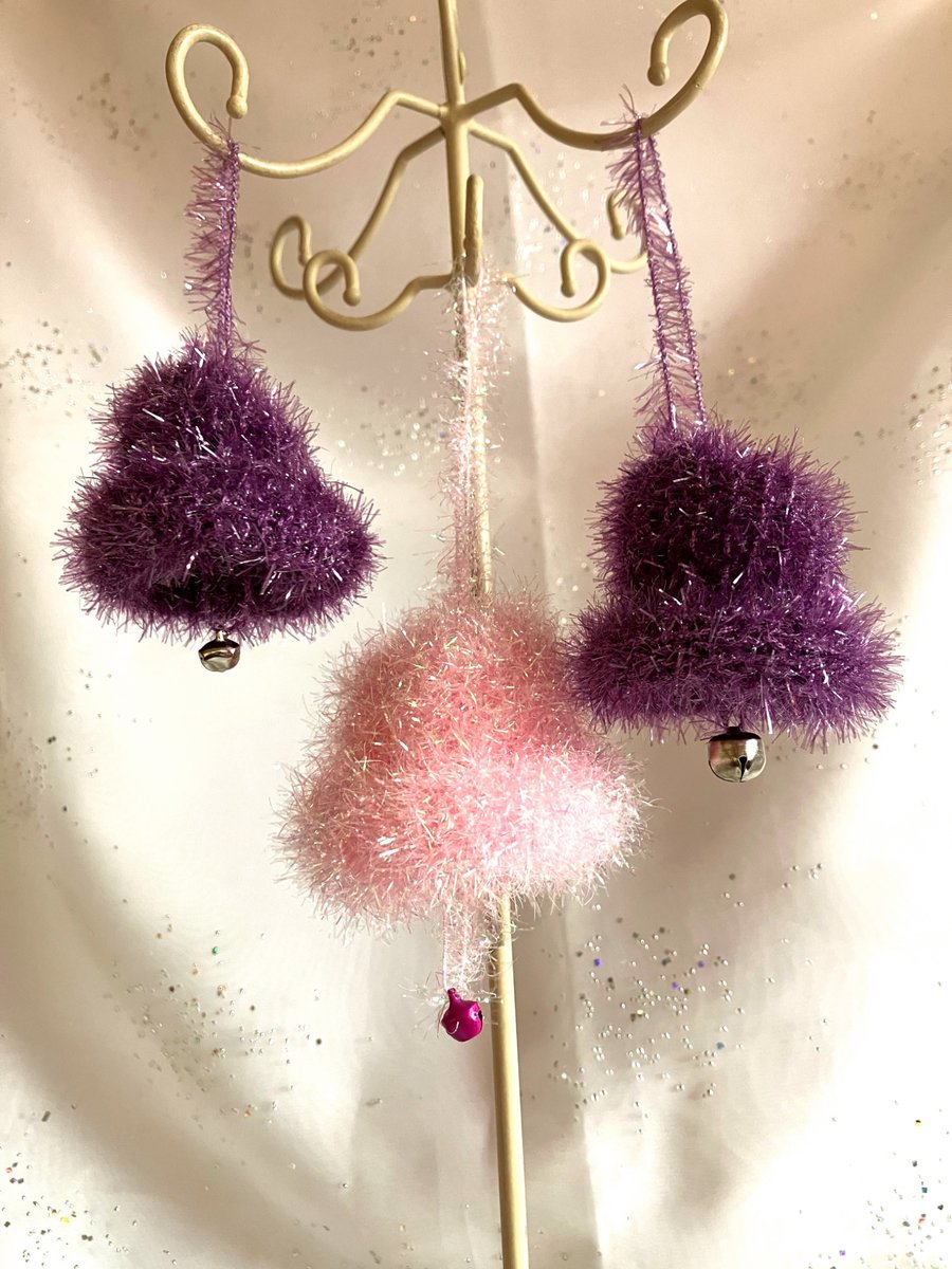 3 sparkly hand knitted Christmas bells 