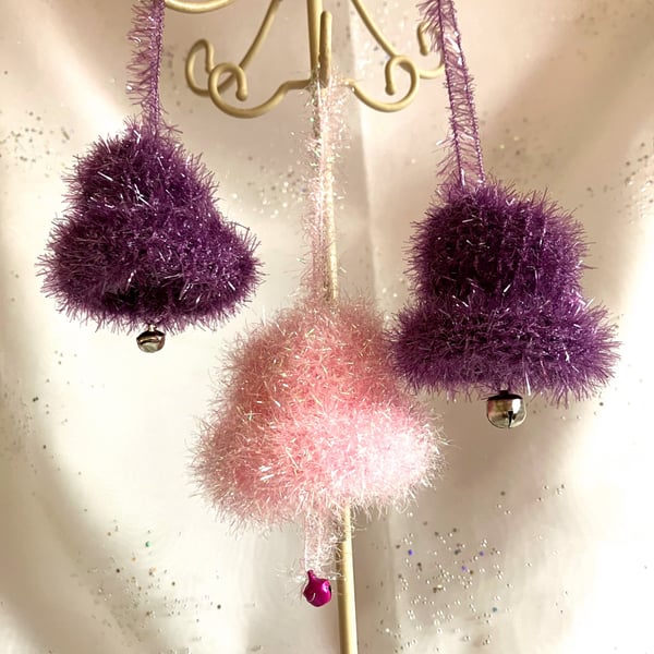 3 sparkly hand knitted Christmas bells 
