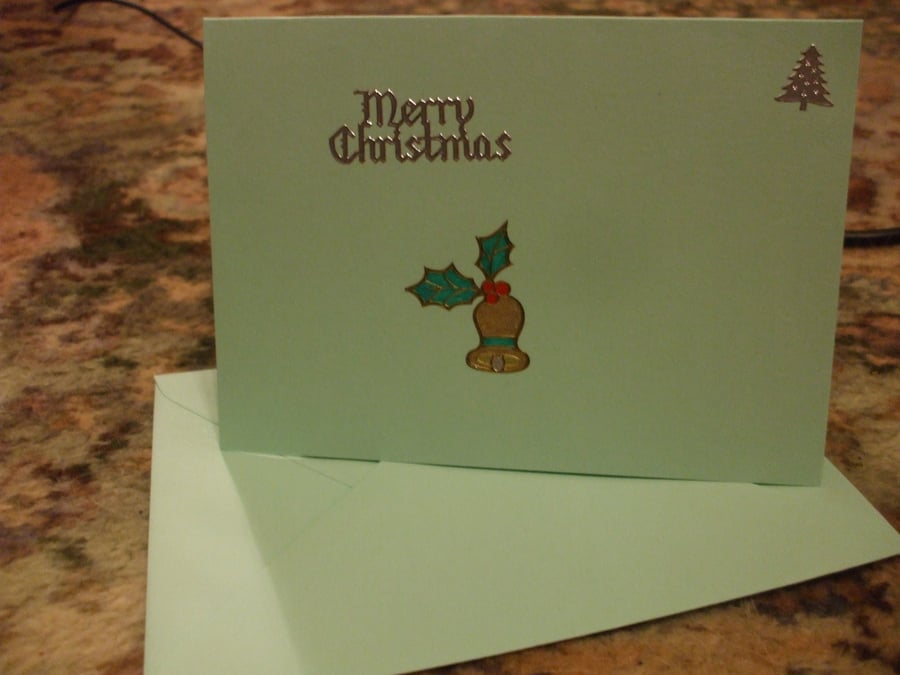Bell, Holly Leaves and Christmas Tree Green Christmas Card