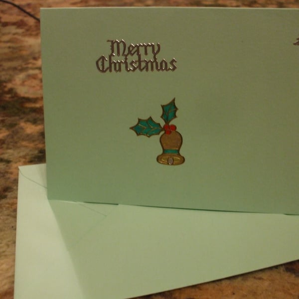 Bell, Holly Leaves and Christmas Tree Green Christmas Card