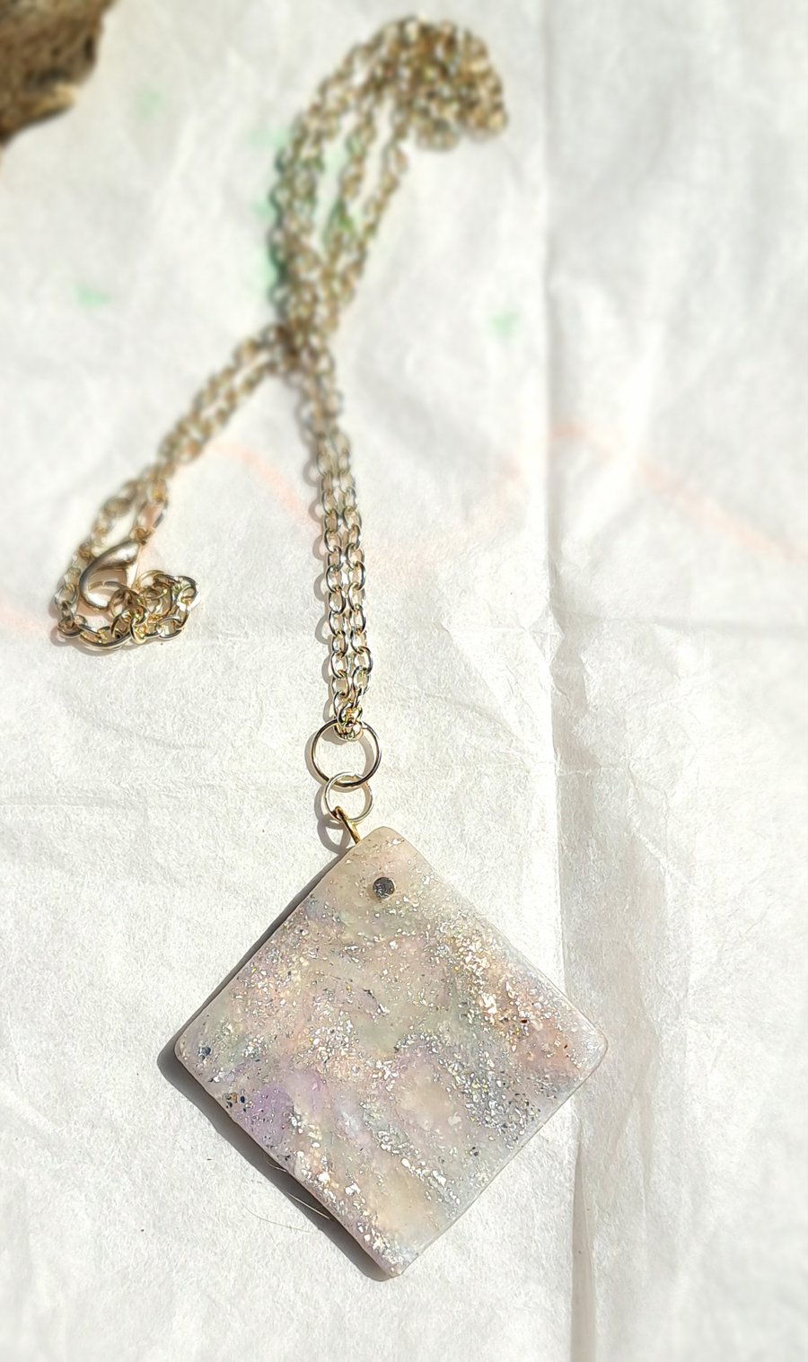 Square polymer clay pendant on a silver plated necklace sparkly pearly