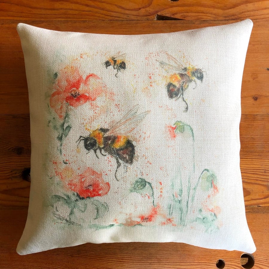 Poppy Bees Cushion Cover, Wildlife Art Cushion, Bee Watercolour Textile Print, L