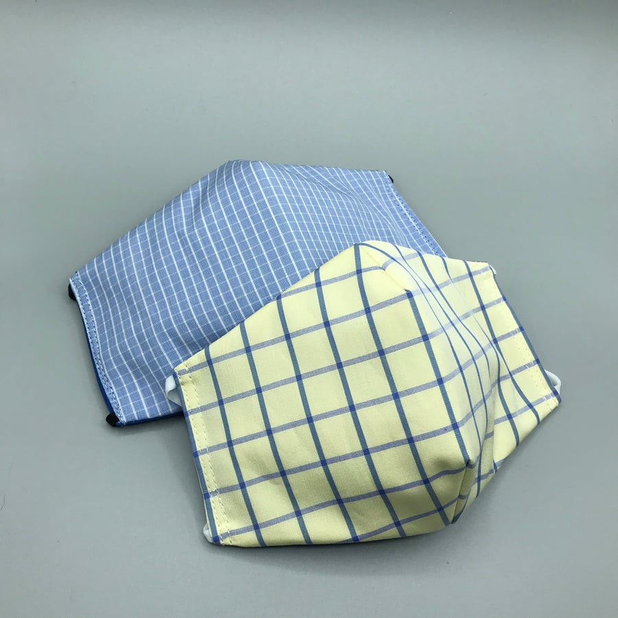 Blue and Yellow Checkered Triple Layer Face Mask. Double Sided. Cotton Fabric.