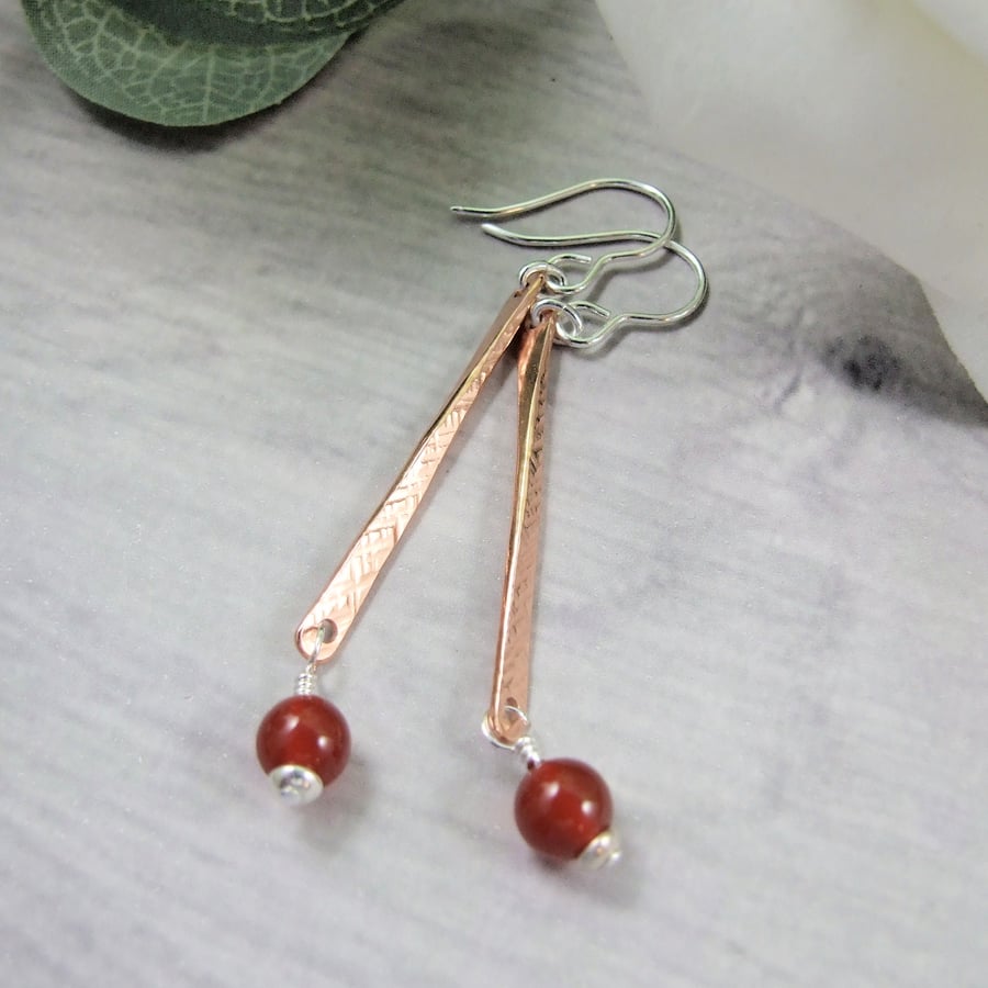 Earrings, Sterling Silver and Copper with Carnelian Droppers
