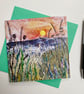 Sunrise on a misty morning across a hedgerow with the hills beyond printed card. - Image 3