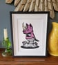Bird wearing a rhinoceros mask - handmade original linocut bird art print