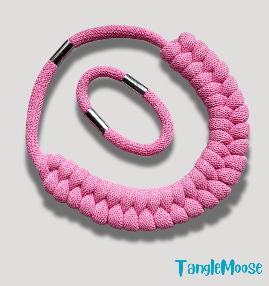 Pink Recycled Cotton Necklace & Bracelet Set – Handmade Eco-Friendly