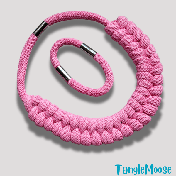 Pink Recycled Cotton Necklace & Bracelet Set – Handmade Eco-Friendly