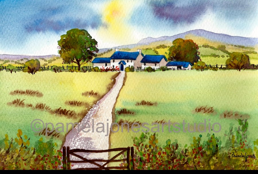 Welsh Hillside Cottage, Original Watercolour, In 14 x 11 '' Mount