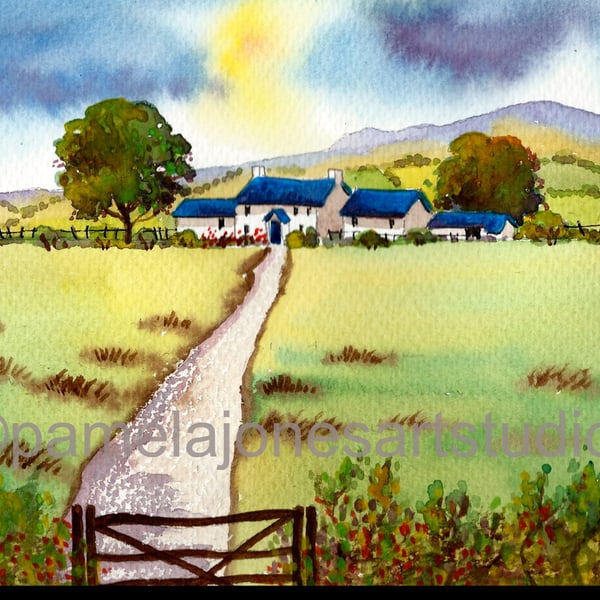 Welsh Hillside Cottage, Original Watercolour, In 14 x 11 '' Mount